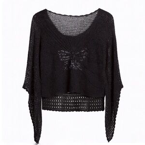 Vintage Kroshetta Beaded Sequins Butterfly Black Knit Poncho Sweater Size Small